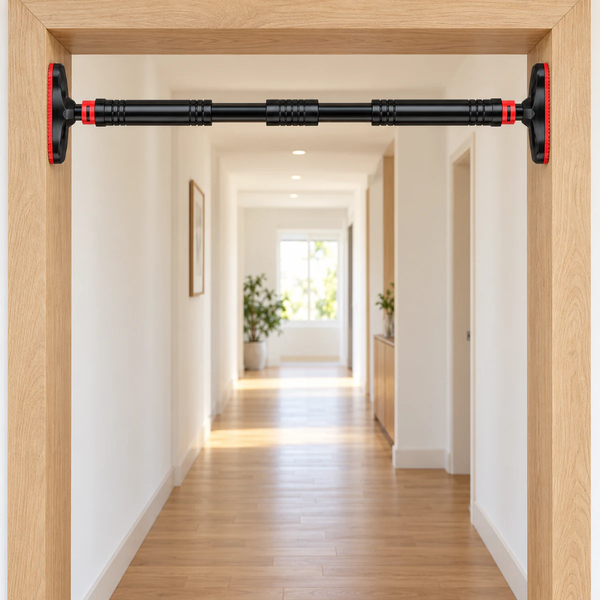 barre de traction porte 150 cm 4 | WO-Calisthenics Barre de traction télescopique 100-150 cm installée entre les montants d'un large passage de couloir