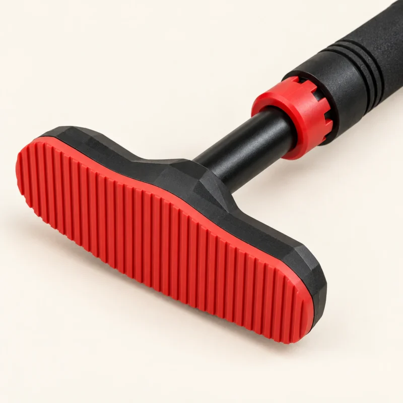 Gros plan d'un patin en T de la barre de traction de porte : semelle rouge à rainures parallèles, base noire à facettes, tige noire, bague rouge crantée et début de la mousse à rainures