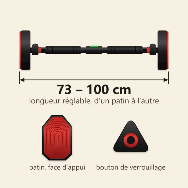barre de traction porte sans perçage 8 | WO-Calisthenics Schéma coté de la barre Lock Grip : longueur réglable de 73 à 100 cm d'un patin à l'autre, patin octogonal un peu plus pointu en haut et bouton de verrouillage triangulaire vu dans l'axe