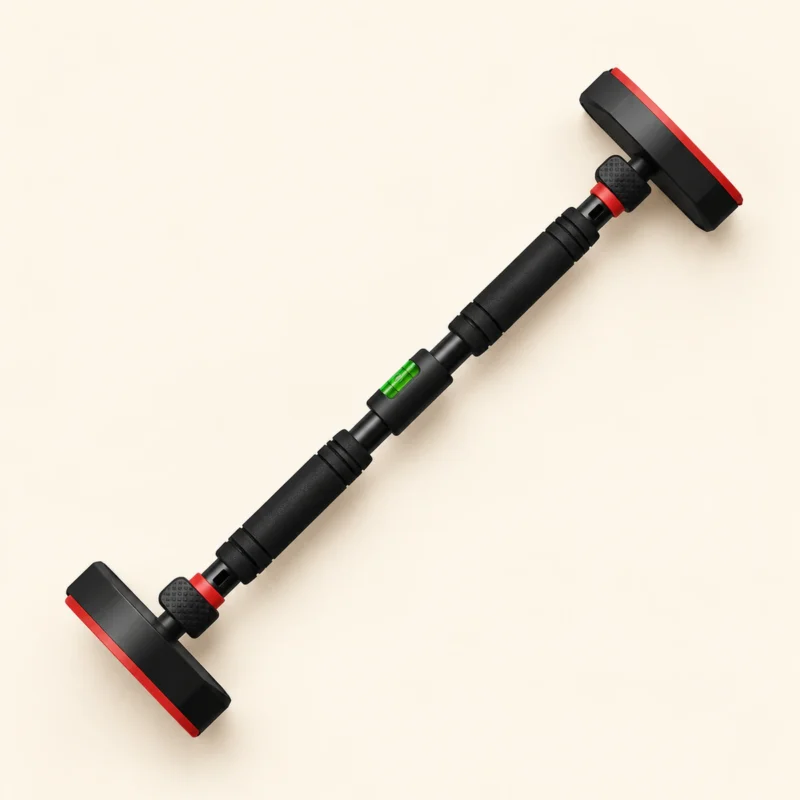 Barre de traction de porte sans perçage Lock Grip seule, en diagonale sur fond crème : deux patins octogonaux identiques à face rouge, boutons de verrouillage moletés, bagues rouges, mousses rainurées et niveau à bulle au centre