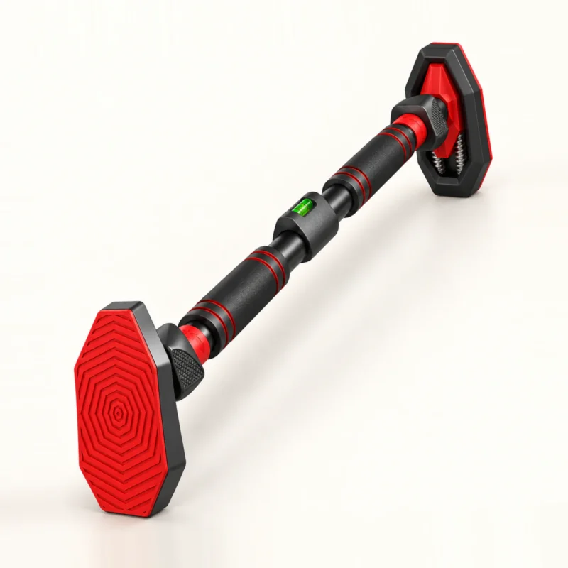 Barre de traction de porte sans perçage Lock Grip seule, de trois quarts en diagonale sur fond crème : patin octogonal à face rouge rainurée, verrou triangulaire moleté, bague rouge à flèches, mousses noires à bagues rouges, niveau à bulle vert et dos du patin à ressorts