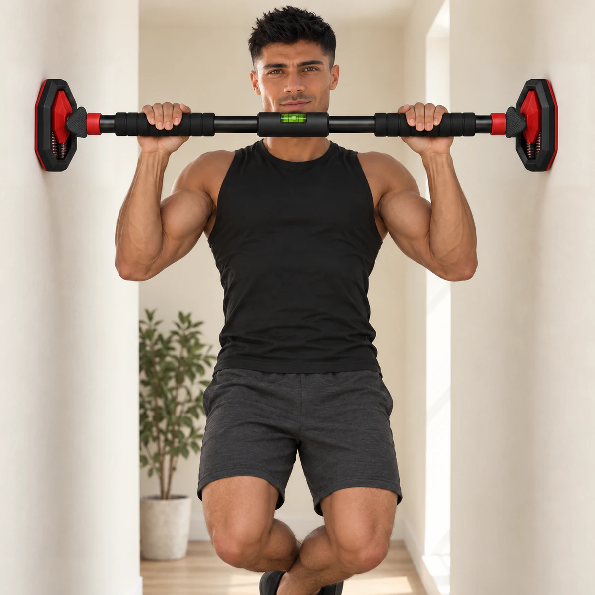 barre de traction porte sans perçage 3 | WO-Calisthenics Kaï en haut de traction sur la barre de porte sans perçage Lock Grip calée entre les murs d'un couloir, regard vers l'objectif et léger sourire, deux patins identiques et boutons de verrouillage moletés