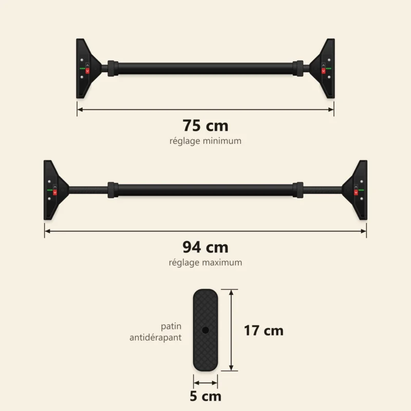 barre de traction porte sans vis 5 | WO-Calisthenics Schéma coté de la barre de traction de porte sans vis : réglage de 75 cm au minimum à 94 cm au maximum, patin d'appui de 17 × 5 cm