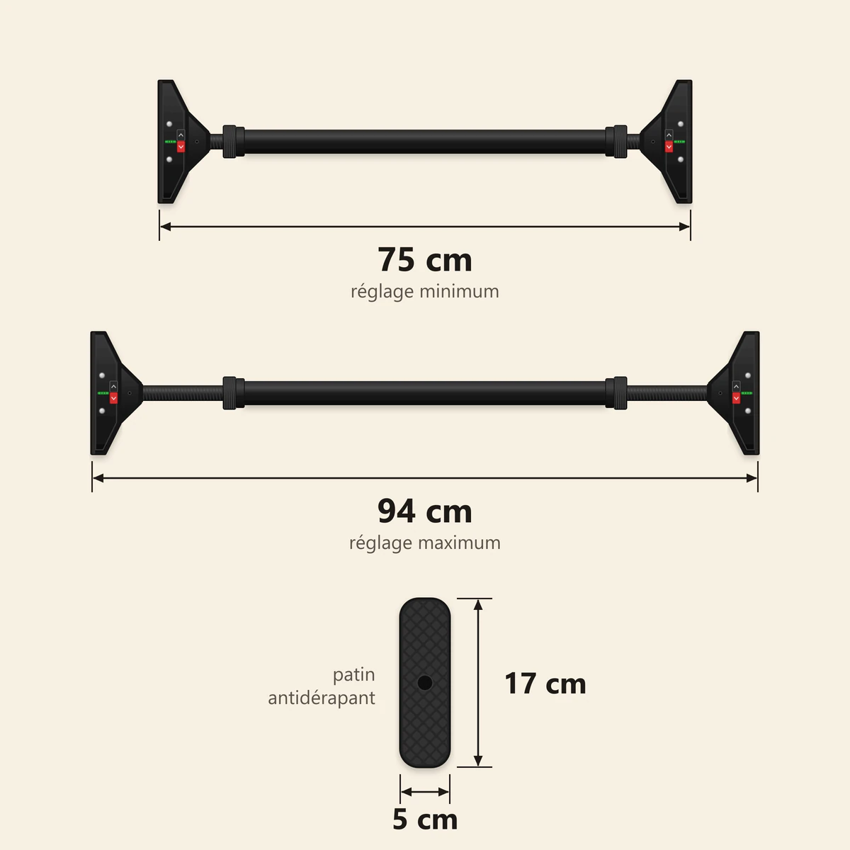 barre de traction porte sans vis 3 | WO-Calisthenics Schéma coté de la barre de traction de porte sans vis : réglage de 75 cm au minimum à 94 cm au maximum, patin d'appui de 17 × 5 cm
