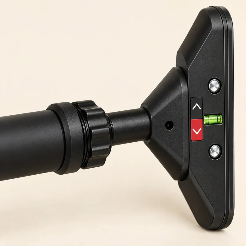barre de traction porte sans vis 4 | WO-Calisthenics Embout de la barre de traction de porte sans vis 75-94 cm : plaque d'appui noire à niveau à bulle, bouton rouge et deux vis, bague de serrage crantée sur la tige filetée