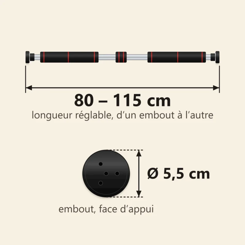 Schéma coté de la barre de traction télescopique : longueur réglable de 80 à 115 cm d'un embout à l'autre, embout de 5,5 cm de diamètre percé de quatre trous
