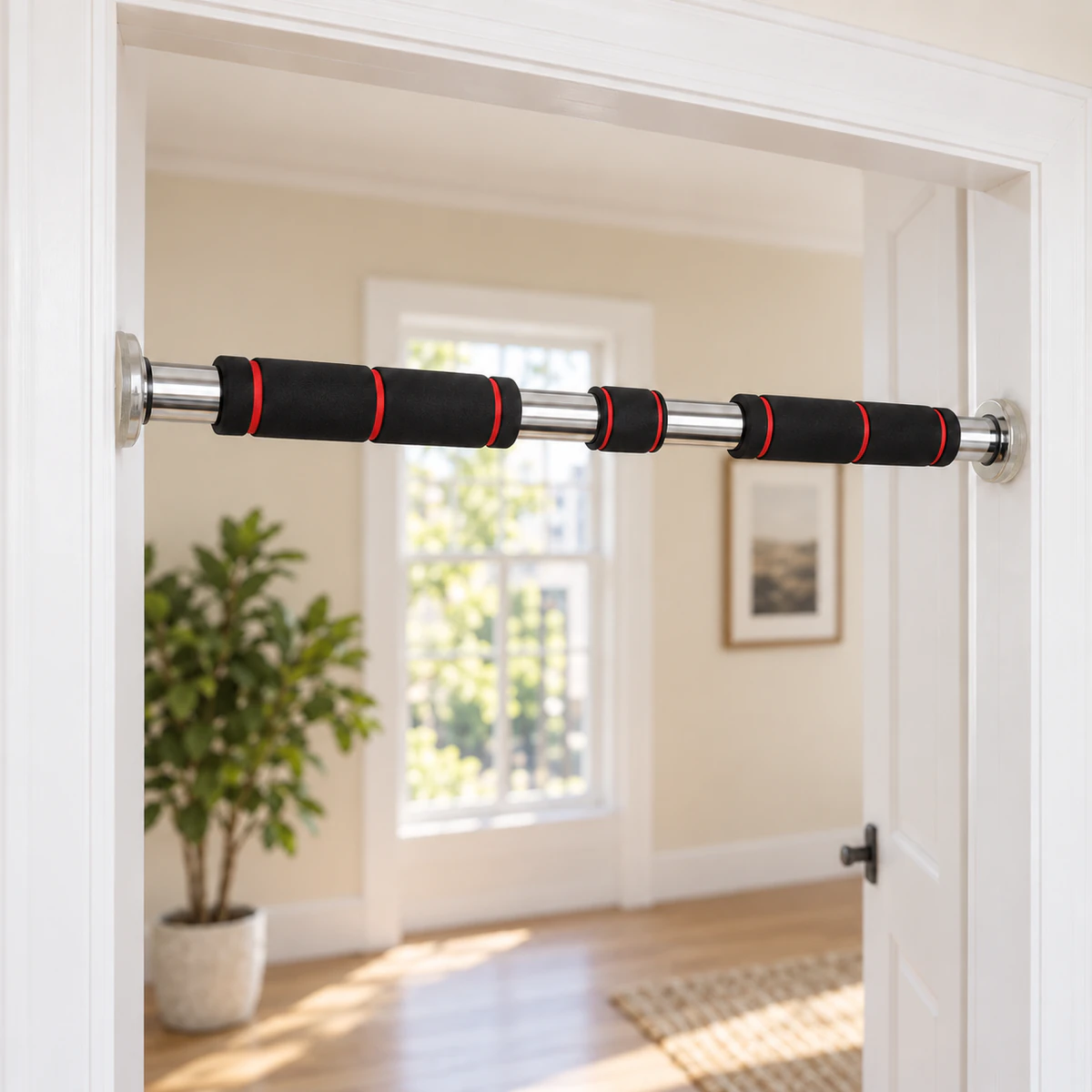 grande barre de traction 4 | WO-Calisthenics Barre de traction télescopique installée dans un encadrement de porte, en appui sur les deux montants par ses patins transparents, sans vis ni perçage