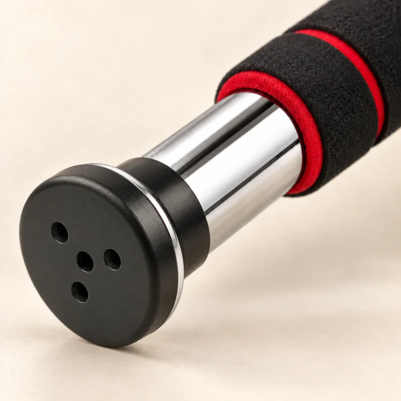 Embout de la barre de traction télescopique noire : disque noir percé de quatre trous, fin liseré chromé, collier noir et tube chromé jusqu'à la mousse à anneau rouge