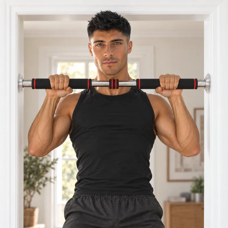 grande barre de traction 6 | WO-Calisthenics Kaï en haut de traction en pronation sur la barre télescopique calée dans un encadrement de porte, patins transparents en appui sur les deux montants