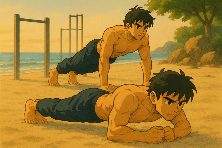 exercices de callisthénie 4 | WO-Calisthenics Kaï enchaîne une tiger push-up sur la plage, de l'appui sur les avant-bras aux bras tendus