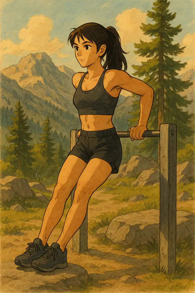 exercices de callisthénie 5 | WO-Calisthenics Naïa en dips sur une barre basse, pieds au sol, en montagne