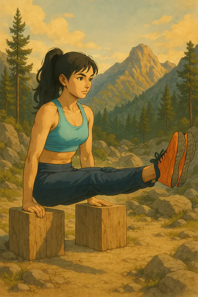 exercices de callisthénie 8 | WO-Calisthenics Naïa en L-sit sur deux blocs de bois, jambes tendues à l'horizontale