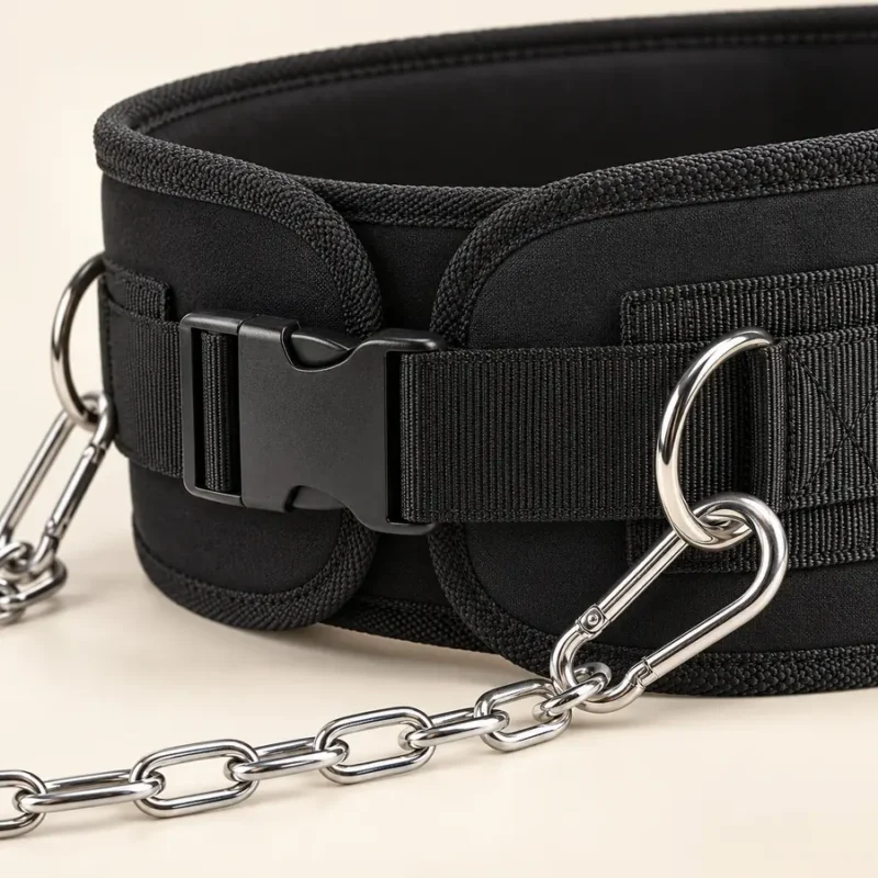 ceinture lestée dos large 6 | WO-Calisthenics Gros plan sur la boucle à clip noire, un anneau en D et son mousqueton sur la sangle de la ceinture lestée dos large — WO-Calisthenics