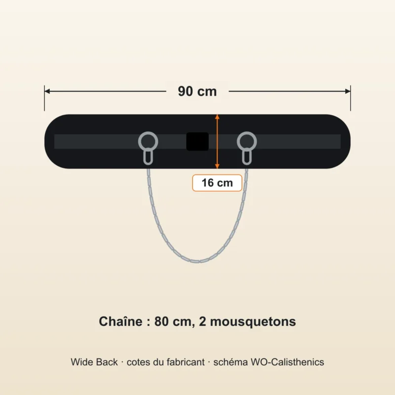 ceinture lestée dos large 9 | WO-Calisthenics Schéma des dimensions de la ceinture lestée dos large : dosseret de 90 × 16 cm, chaîne de 80 cm — WO-Calisthenics