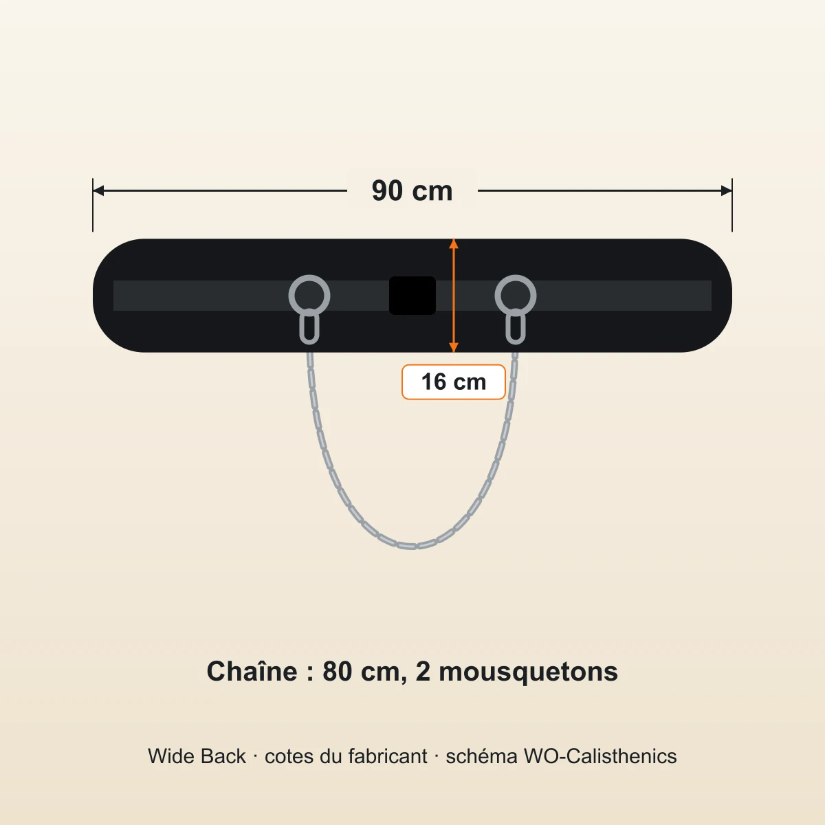 ceinture lestée dos large 5 | WO-Calisthenics Schéma des dimensions de la ceinture lestée dos large : dosseret de 90 × 16 cm, chaîne de 80 cm — WO-Calisthenics