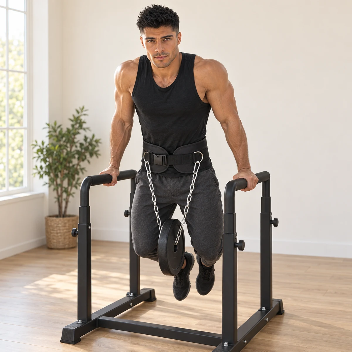 ceinture lestée dos large 3 | WO-Calisthenics Kaï en dips lestés à la station de dips, ceinture à dosseret large fermée par sa boucle et disque sous la chaîne — WO-Calisthenics