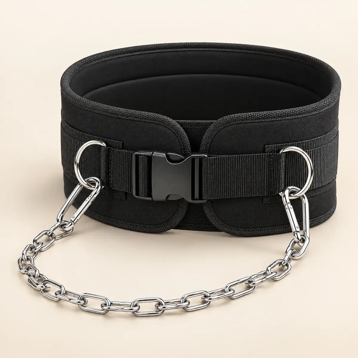 ceinture lestée dos large 1 | WO-Calisthenics Ceinture lestée à dosseret large en mousse EVA noire, boucle à clip, deux anneaux en D et chaîne à deux mousquetons — WO-Calisthenics