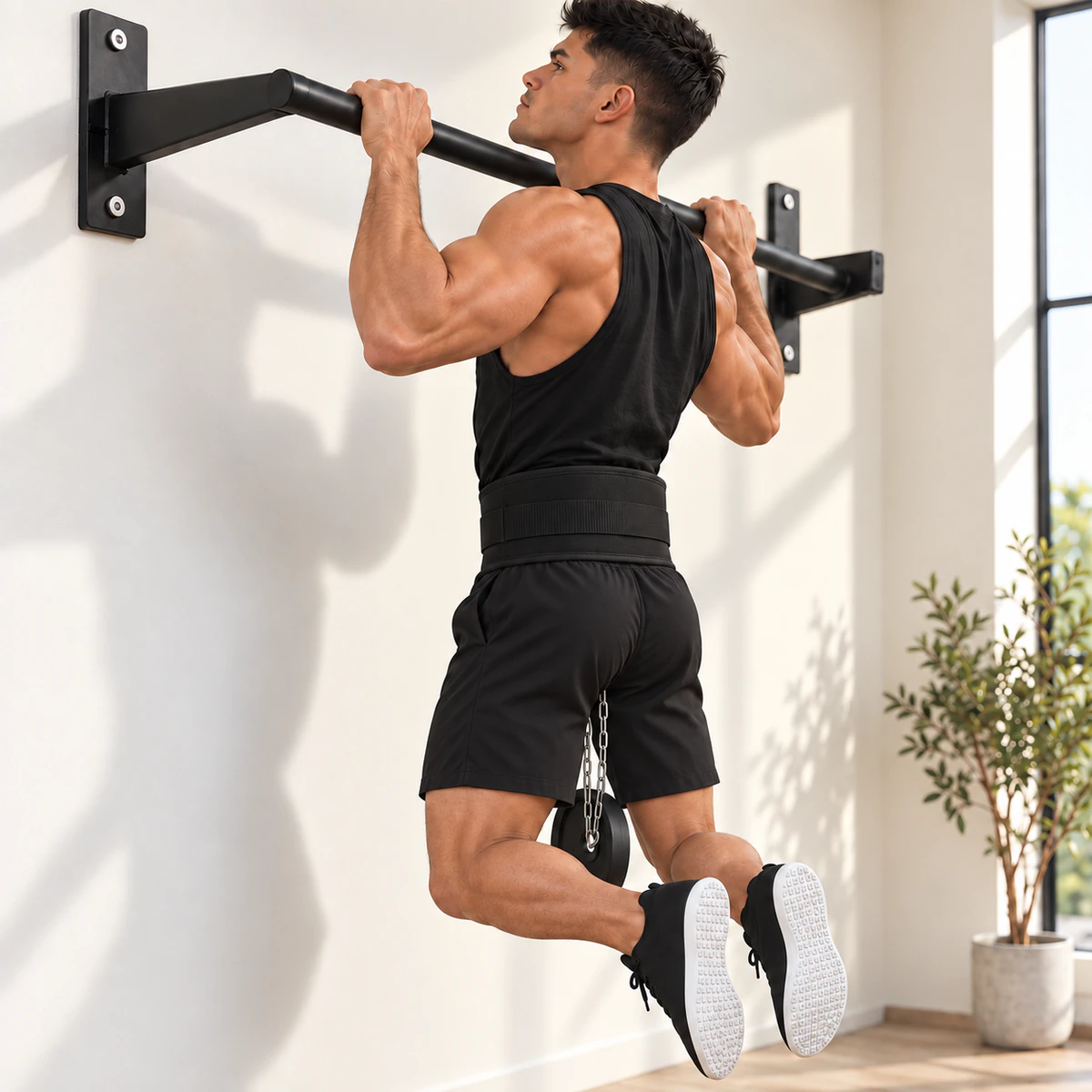 ceinture lestée dos large 4 | WO-Calisthenics Kaï en traction lestée à une barre murale, dosseret large dans le bas du dos et disque sous la chaîne — WO-Calisthenics
