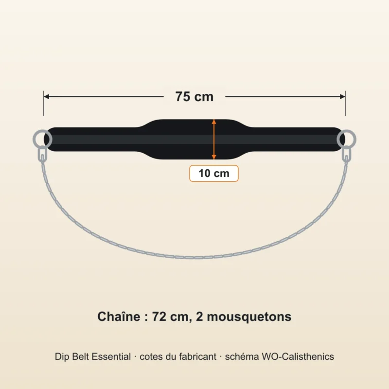 Schéma des dimensions de la ceinture lestée néoprène : 75 cm de long, 10 cm au dos, chaîne de 72 cm — WO-Calisthenics