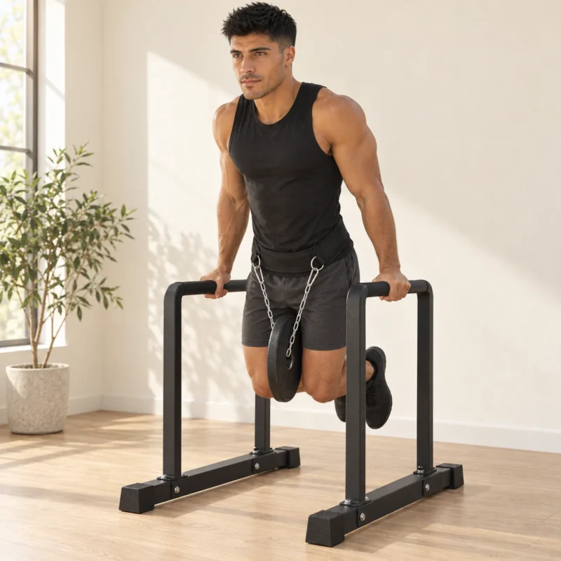 Kaï en dips lestés sur une station de dips, ceinture lestée néoprène et disque passé dans la chaîne — WO-Calisthenics