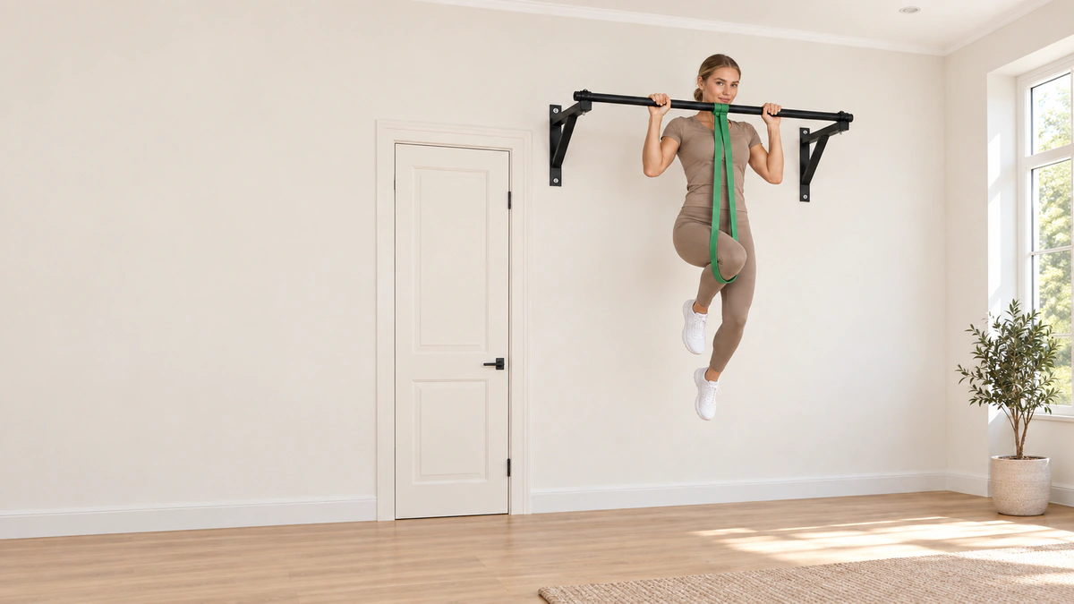 Léa, cheveux en chignon, en traction assistée par un élastique vert sous un genou