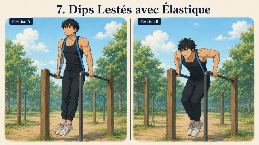 exercices avec élastique 10 | WO-Calisthenics Kaï fait des dips avec une bande élastique, positions basse et haute