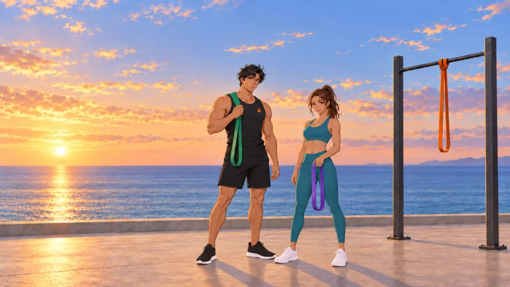 exercices avec élastique 1 | WO-Calisthenics Kaï et Naïa avec leurs élastiques de résistance dans un parc de street workout au bord de la mer