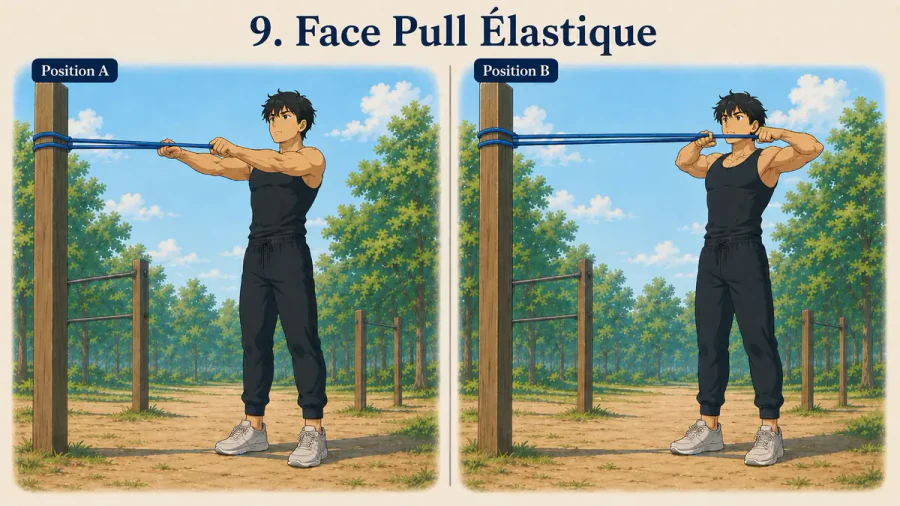 exercices avec élastique 12 | WO-Calisthenics Kaï fait un face pull avec une bande élastique tirée vers le visage