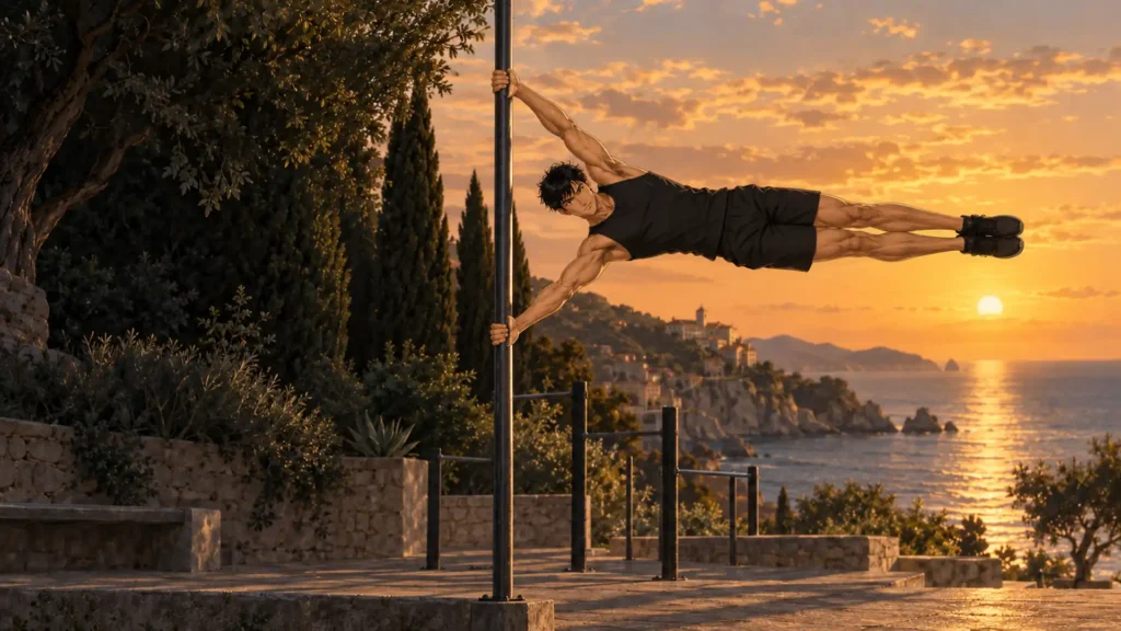 Kaï en drapeau humain sur un poteau de street workout face à la mer