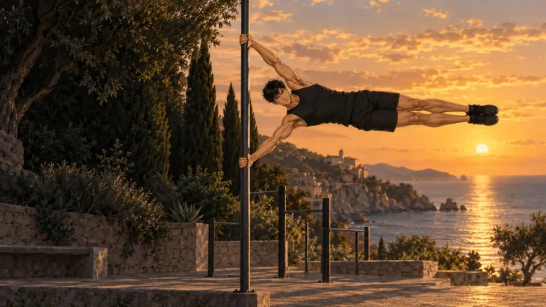 Kaï en drapeau humain sur un poteau de street workout face à la mer