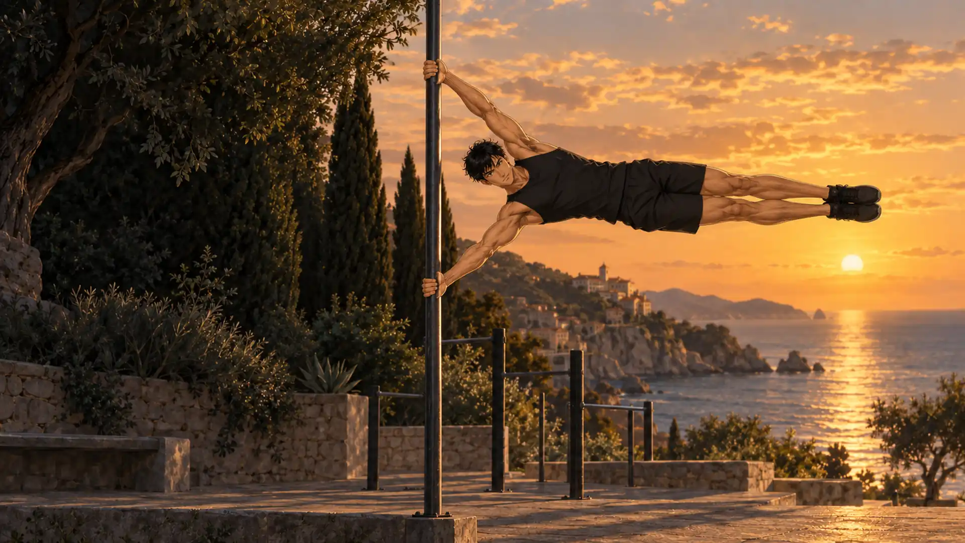 Kaï en drapeau humain sur un poteau de street workout face à la mer