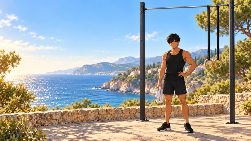 front lever 1 | WO-Calisthenics Kaï après sa séance, près d’une barre haute et d’anneaux dans un parc au bord de mer