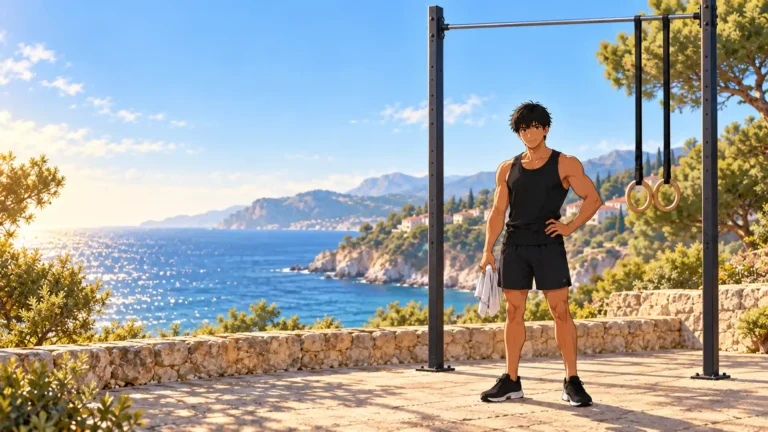 Kaï après sa séance, près d’une barre haute et d’anneaux dans un parc au bord de mer