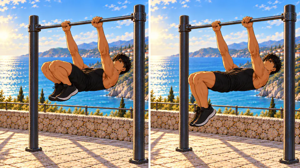 Kaï en tuck compact à gauche, puis en advanced tuck plus ouvert à droite, bras tendus