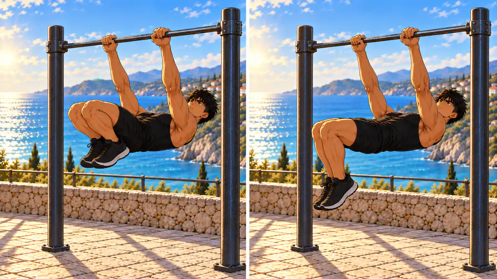 front lever 5 | WO-Calisthenics Kaï en tuck compact à gauche, puis en advanced tuck plus ouvert à droite, bras tendus