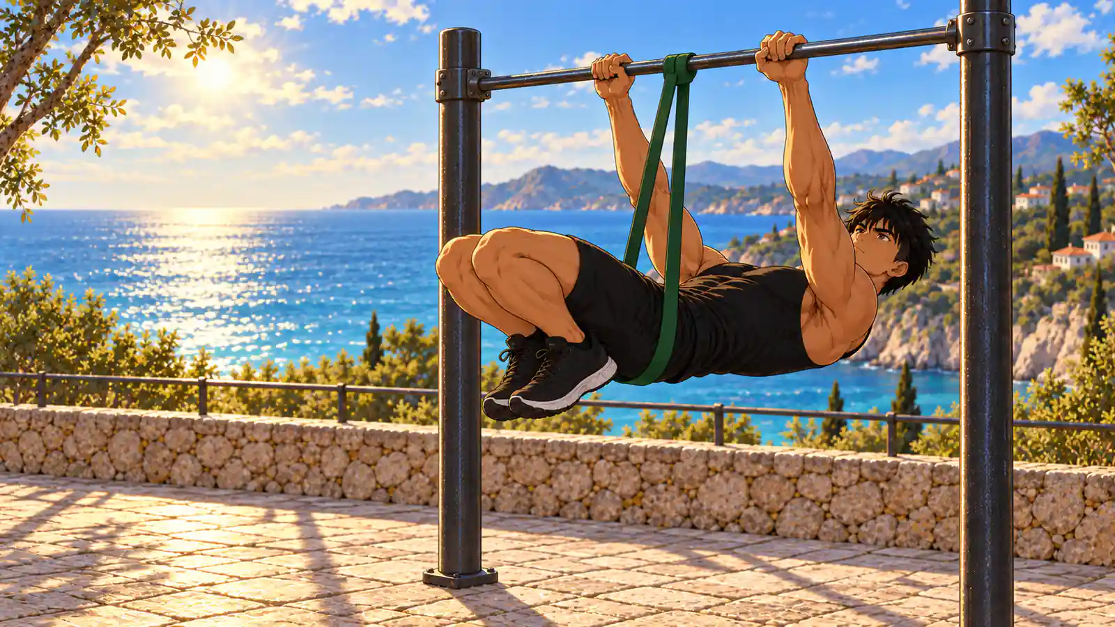 front lever 4 | WO-Calisthenics Kaï en tuck front lever assisté par un élastique ancré à la barre et passant sous le bassin
