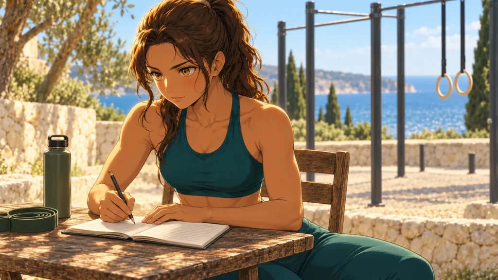 Naïa note sa séance dans un carnet pour suivre sa progression en front lever