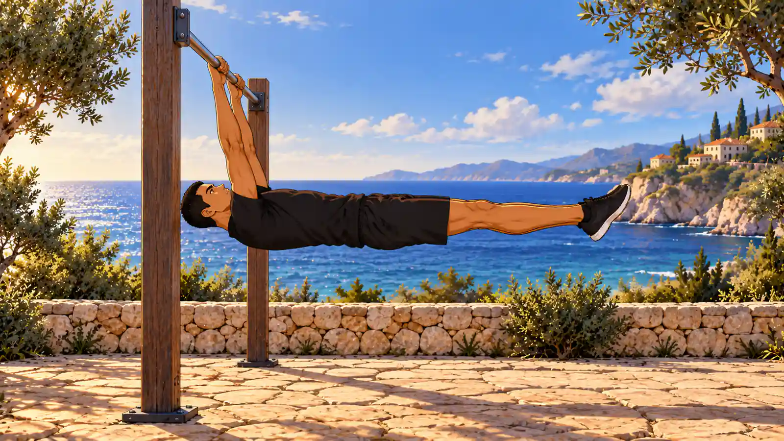 front lever 2 | WO-Calisthenics Sami tient un front lever, bras tendus et corps aligné sous la barre