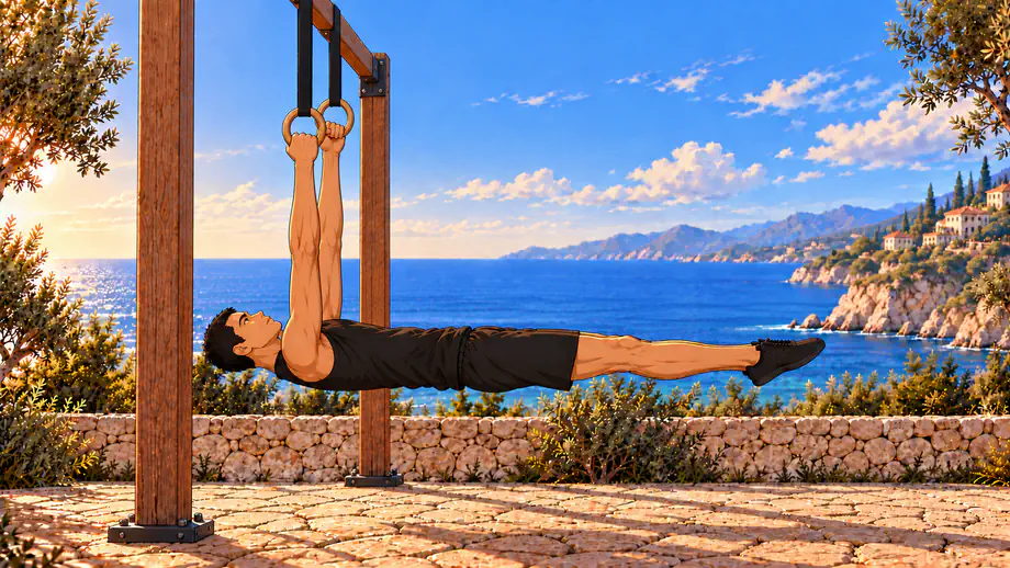 Sami en full front lever aux anneaux, bras tendus et corps horizontal