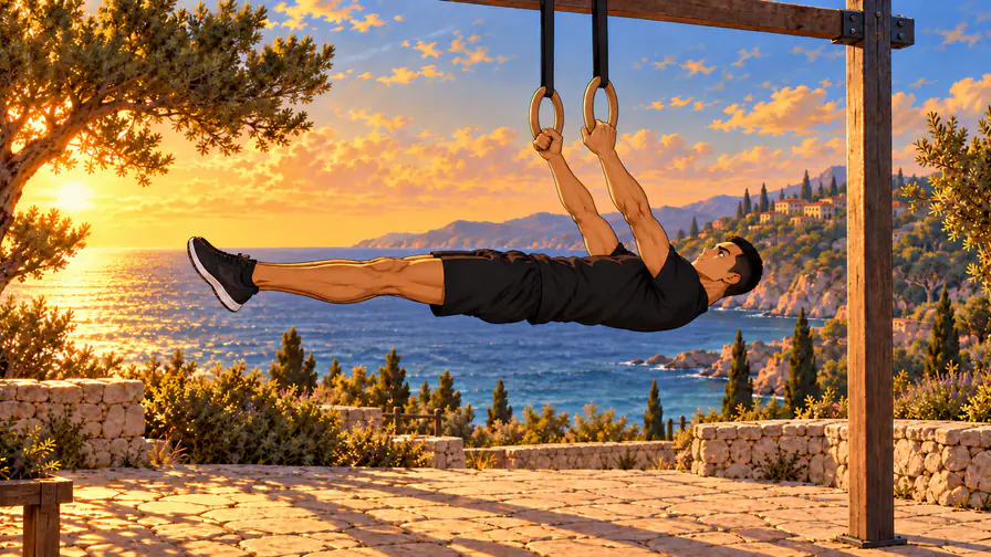 front lever 8 | WO-Calisthenics Sami en full front lever aux anneaux, bras tendus et mains en prise neutre opposée