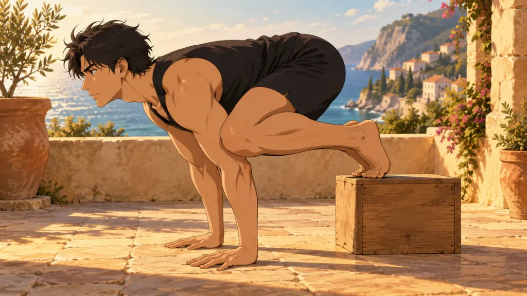 full planche 5 | WO-Calisthenics Kaï en crane pose, genoux sur l'arrière des bras et pieds posés sur un support bas