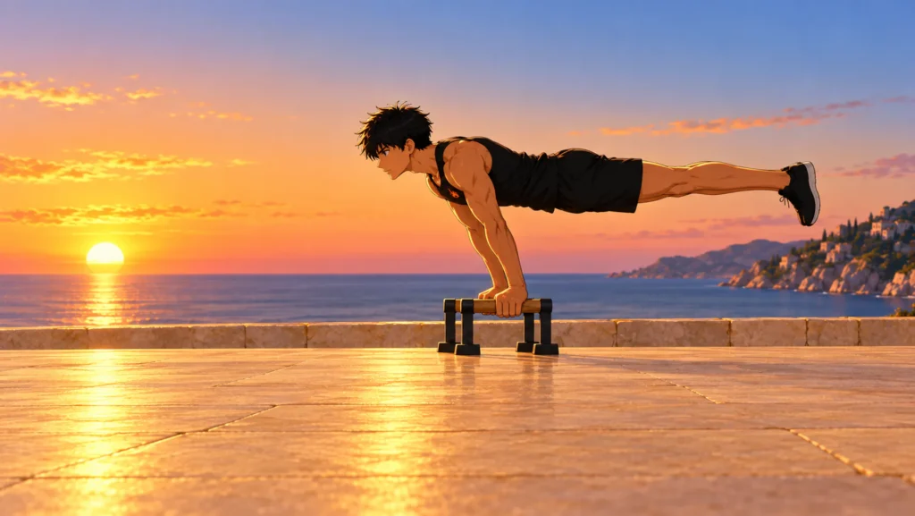 Kaï en full planche sur des parallettes, corps horizontal et bras tendus, au coucher du soleil