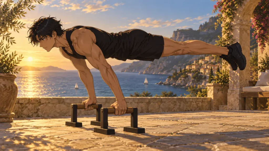 full planche 2 | WO-Calisthenics Kaï tient une full planche sur parallettes, corps horizontal et bras tendus