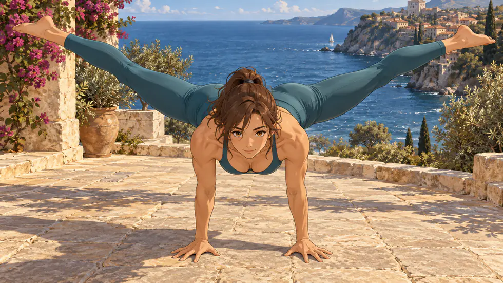 full planche 4 | WO-Calisthenics Naïa en straddle planche, jambes écartées et épaules avancées devant les mains