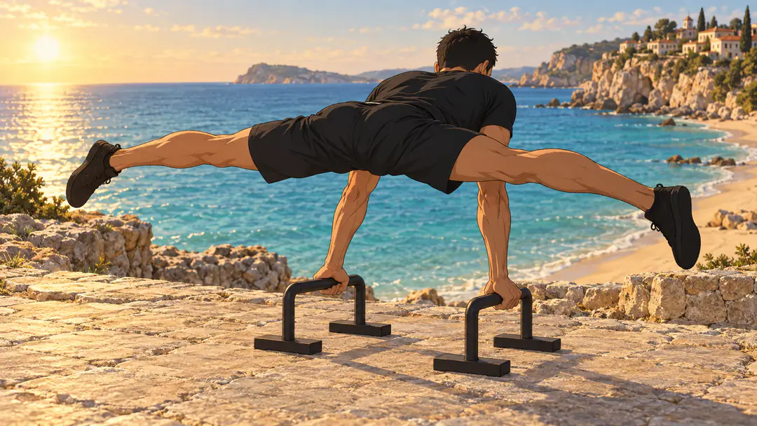 full planche 7 | WO-Calisthenics Sami en straddle planche sur parallettes, jambes écartées et corps horizontal