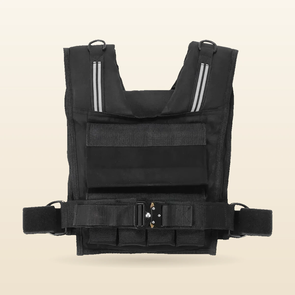 gilet lesté réglable 1 | WO-Calisthenics Gilet lesté réglable 15,5 kg IronBlock seul, vu de face sur fond crème : nylon 1000D noir, panneau avant à velcro, ceinture à boucle métallique, deux bandes réfléchissantes verticales par bretelle, anneaux en D — WO-Calisthenics