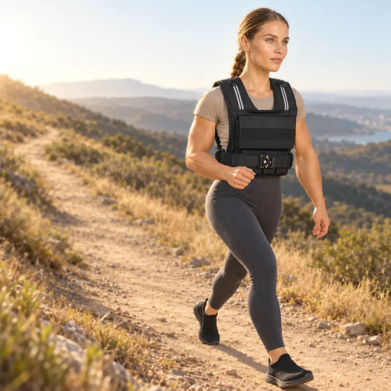 gilet lesté réglable 5 | WO-Calisthenics Léa marche sur un sentier de colline avec le gilet lesté réglable 15,5 kg IronBlock : rabat avant à velcro, ceinture à boucle métallique, bandes réfléchissantes sur les bretelles — WO-Calisthenics