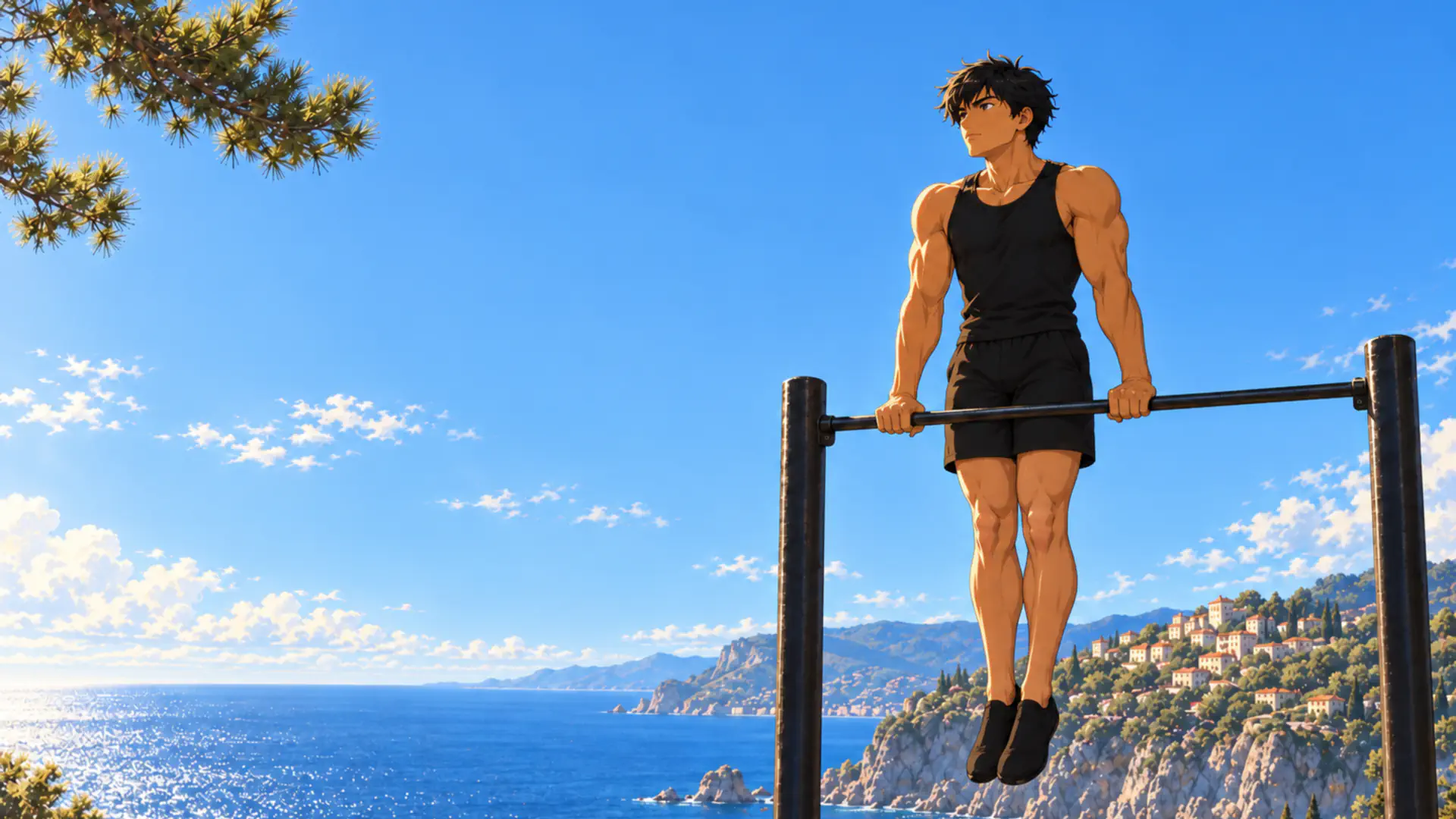 Kaï au sommet d'un muscle-up sur une barre fixe de parc, bras tendus, vu en contre-plongée sous un ciel bleu, la mer et un village méditerranéen en contrebas