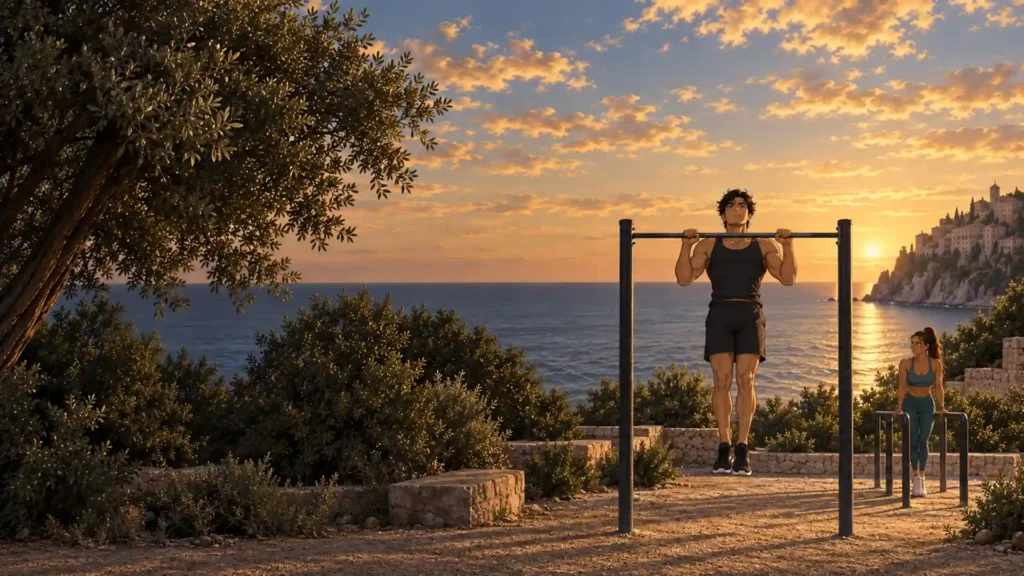 Kaï en traction et Naïa aux barres parallèles dans un parc de street workout au bord de la mer