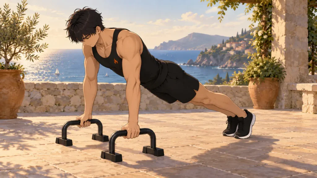 callisthénie 8 | WO-Calisthenics Kaï en pompes sur parallettes, le street workout en plein air
